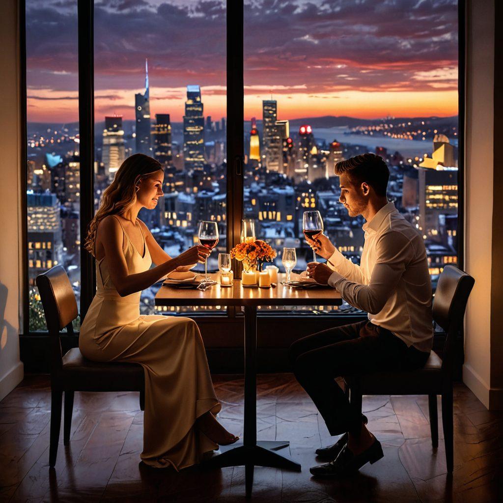A captivating scene featuring a couple sharing an intimate dinner at a candlelit table, surrounded by soft, romantic lighting. The atmosphere is enhanced by delicate flowers and subtle wine glasses, conveying warmth and connection. In the background, hints of a modern city skyline peek through a large window, symbolizing contemporary romance. The couple's expressions should reveal flirtation and chemistry, inviting viewers to engage with the theme of seduction. super-realistic. warm colors. 3D.